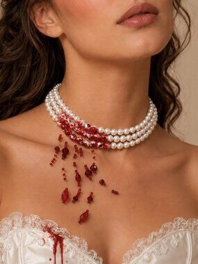White Pearl Choker Necklace with Red Beaded Drop Statement Design